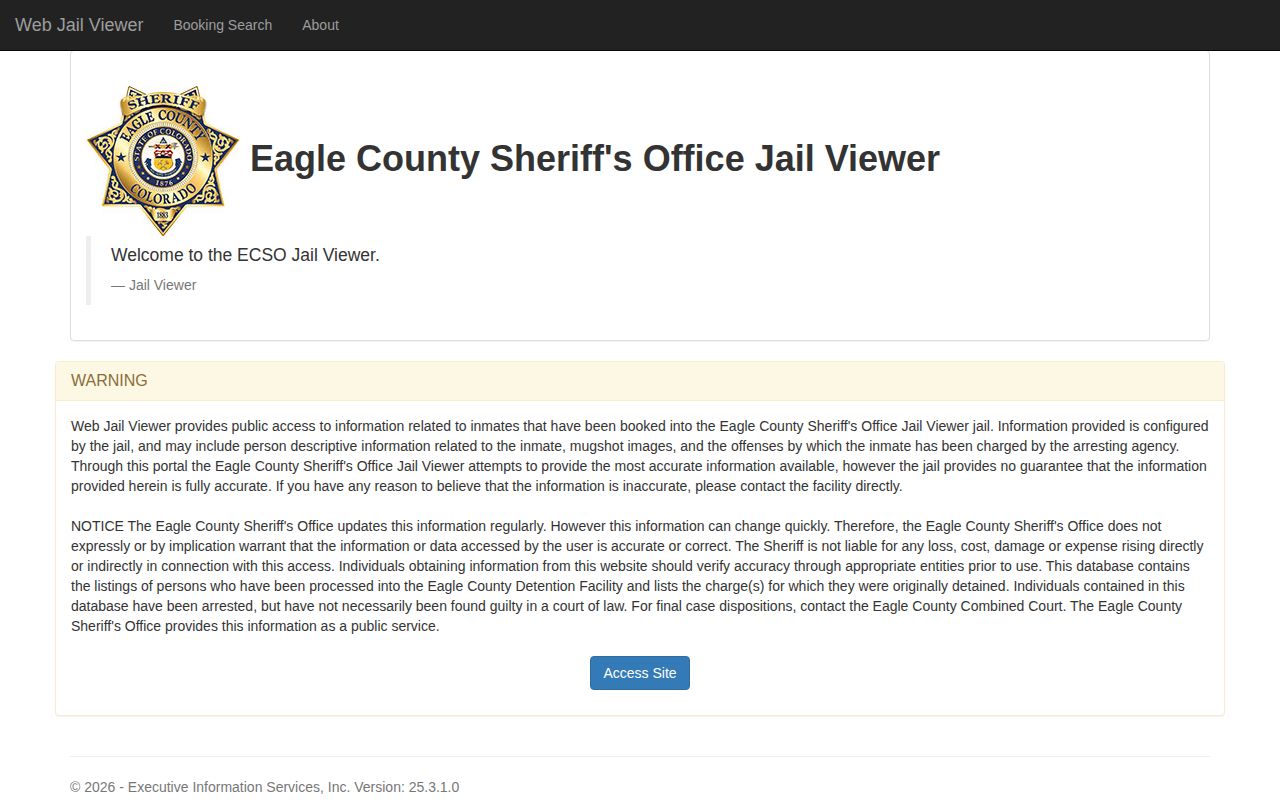Eagle County Sheriff's Office Jail Viewer notice and roster interface